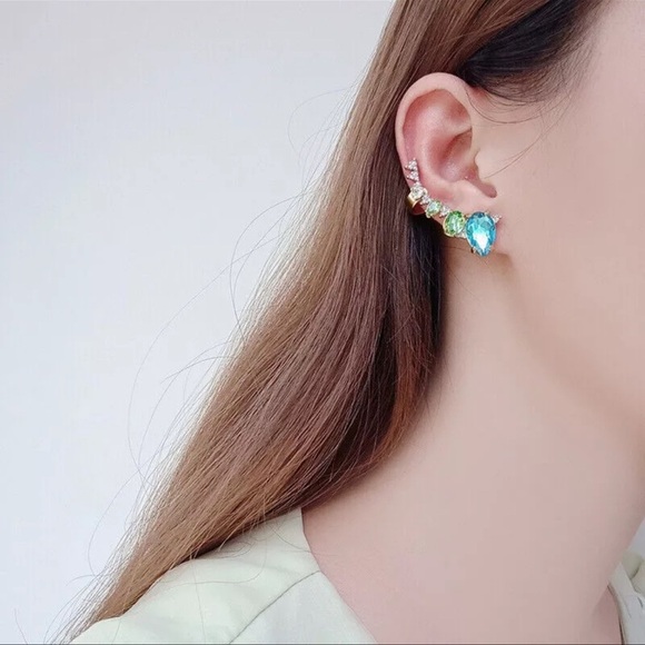 ALEXIS BITTAR • Asymmetrical Blue & Green Crystal Ear Climber & Stud Earrings - Picture 2 of 8